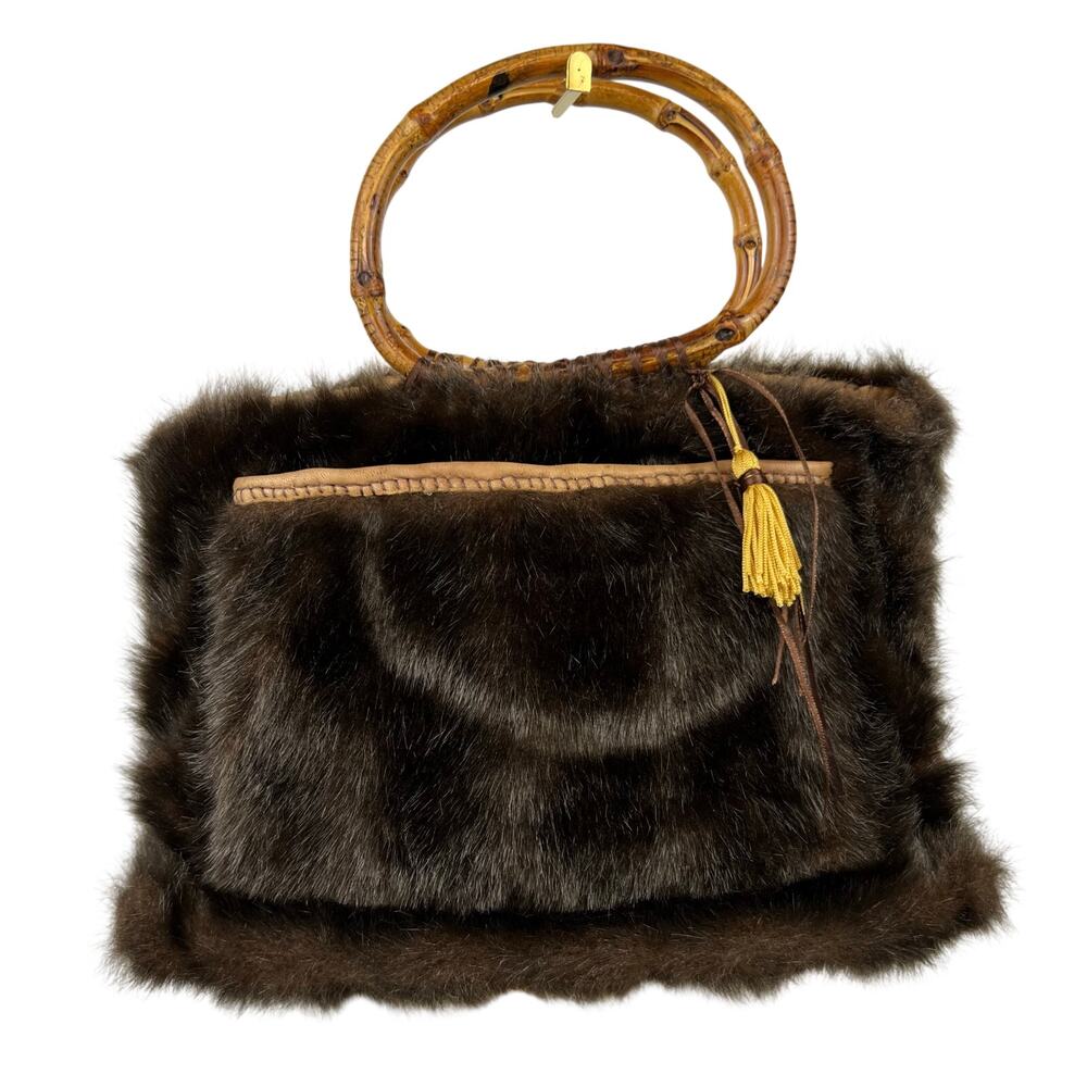 Vintage Brown Faux Fur Wooden Bamboo Handles Unique Statement Handbag Purse